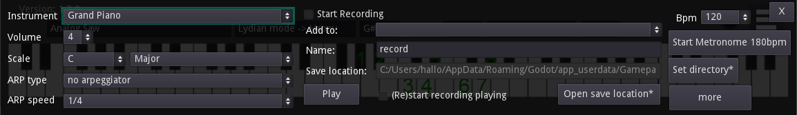 Settings overlay with Grand Piano C